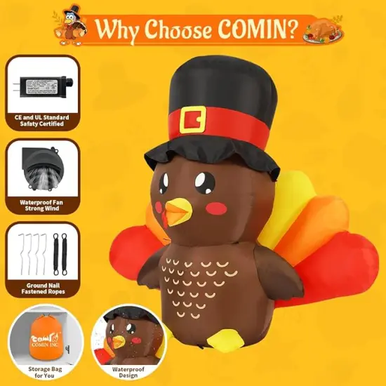 GOOSH 5 FT Tall Thanksgiving Inflatables Turkey Baby in Hat with Built-in LEDs {6}