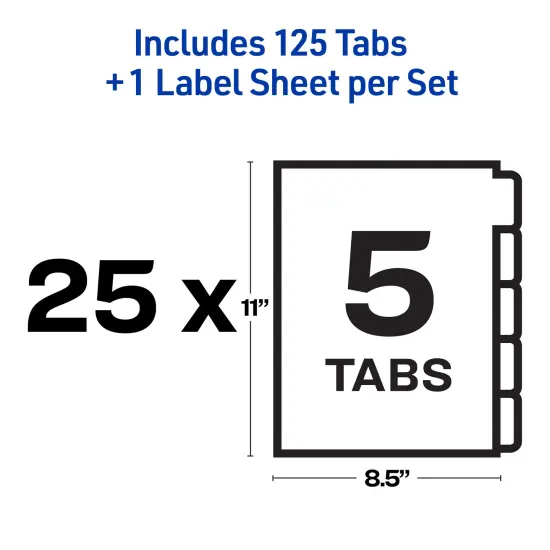 Avery 5 Tab Unpunched Dividers for Use with Any Binding System, Easy Print & Apply Clear Label Strip, Index Maker Customizable White Tabs, 25 Sets (11443) {5}