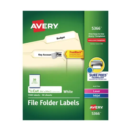 Avery Printable File Folder Labels, 2/3 x 3-7/16 Inches, White, Pack of 1500 {1}