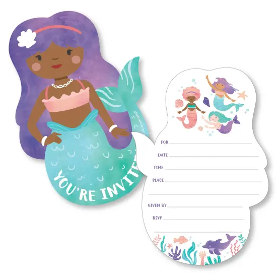 Big Dot of Happiness Mermaid Birthday Invitations, You're Invited Mermaid-Shaped Party Fill-In Invitation Cards with Envelopes, Set of 12 {1}