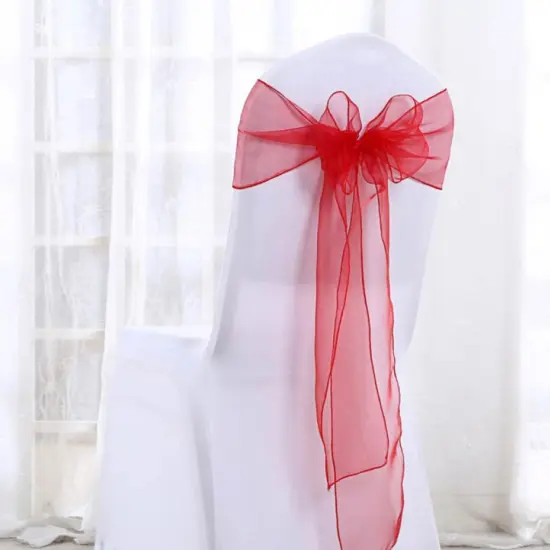 10 Pieces Red Organza Fabric Chair Wraps, 12"x116" Sophisticated Angled Design {2}