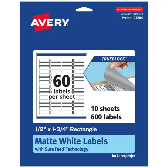 Avery TrueBlock Matte White Paper Labels,1/2" x 1-3/4" Rectangle {7}