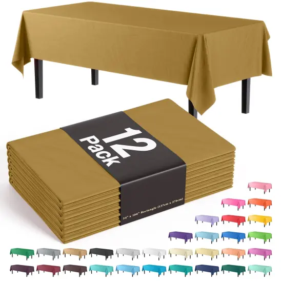 Exquisite 12-Pack Premium Plastic Tablecloth 54in. x 108in. Rectangle Plastic Table Cover Gold {1}