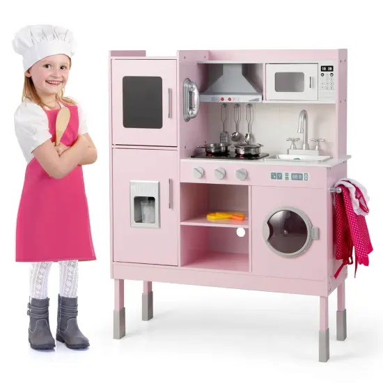 Costway Kids Pretend Kitchen Play Set Toddler Toy Wooden Chef Height Adjustable with Sounds {1}