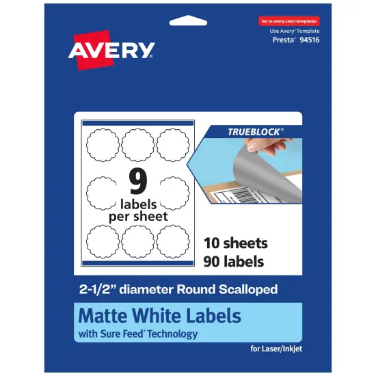 Avery TrueBlock Matte White Paper Labels,2-1/2" diameter Round Scalloped {7}
