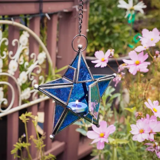 In the Breeze 9217 &mdash; Blue 5-Point Star Tealight Lantern &mdash; Moroccan-Style Boho Chic Glass and Metal Tealight Hanging Lantern {3}