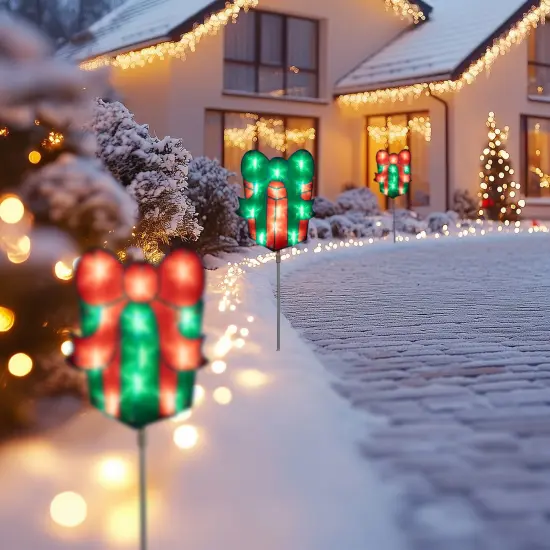 Northlight Lighted Holographic Gift Box Outdoor Christmas Pathway Markers - 24.5" - Set of 3 Red {1}