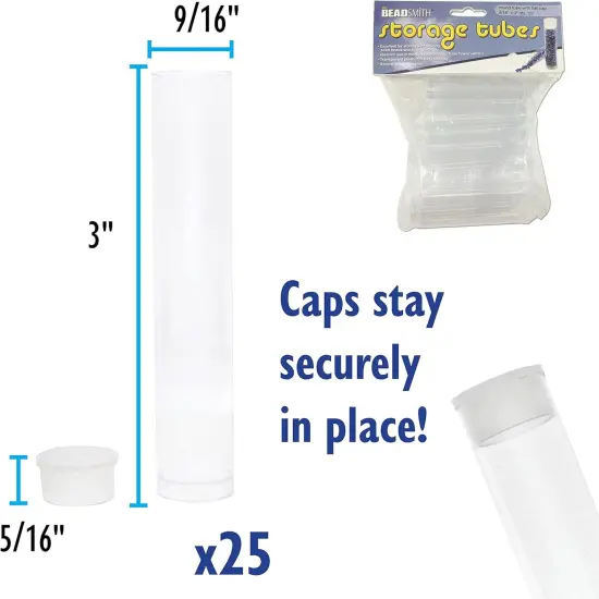 The Beadsmith Clear Plastic Tubes - 3-Inch-Long Round Tubes, 9/16 Inches in Diameter - Flat Caps - Use for Beads, Bath Salts, Wedding & Party Favors, Home or Office Storage - Bag of 25 {6}