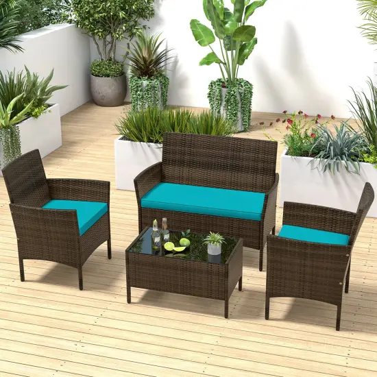 Costway 4 PCS Patio Furniture Set with Washable Cushions and Tempered Glass Coffee Table Beige/Black/Navy/Grey/Turquoise/Red/Blue/Orange {1}