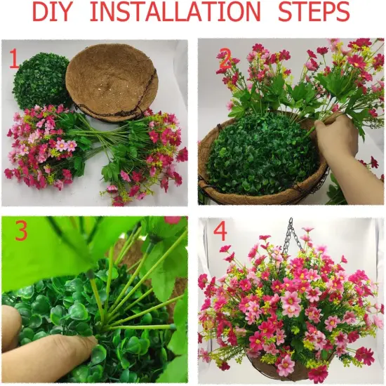 Artificial Faux Hanging Plants Flowers Basket for Autumn Winter, Red Daisy Flowers Eucalyptus UV Resistant Look Real for Outdoor Outside Porch Decoration {2}
