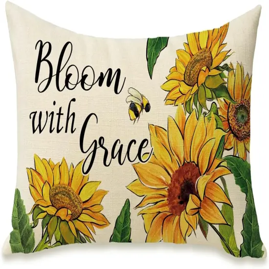 Spring Summer Sunflower Lumbar Decorative Rectangle Pillow Cover 12 x 20, Fall Autumn Flower Bee Porch Patio Outdoor Pillowcase, Bloom with Grace Floral Sofa Couch Cushion Case Home Decor {1}