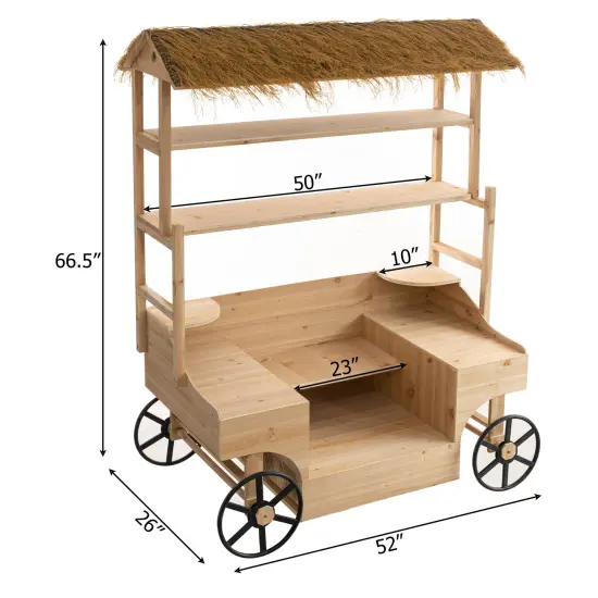 Vintiquewise Versatile Multi-Tier Shelves Wooden Rolling Cart - Perfect for Festival, Event Stand, Food Tasting Table, Garden Floral Display Rack, & Home Decor with Straw Roof and 2 Black Wheels {4}