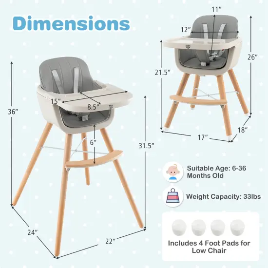 Babyjoy 3 in 1 Convertible Wooden High Chair Toddler Feeding Chair with Cushion Grey/Beige/Yellow/Pink/Dark Grey/Black {3}