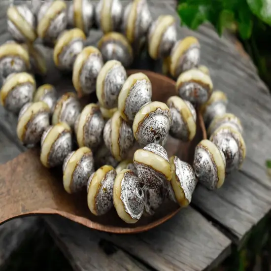 *15* 8x10mm Silver Picasso Washed Opaque Beige Saturn Beads {1}