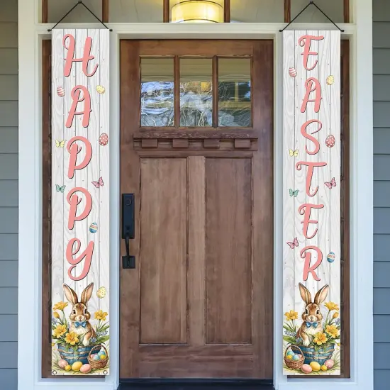 Happy Easter Porch Banner Wood Board Bunny Rabbit Easter Eggs Flower Front Porch Welcome Sign Easter Spring Summer Party Decorations and Supplies for Home-12&times;71'' {5}
