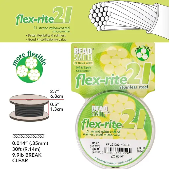 The Beadsmith Flex-Rite 21 Strand Nylon Coated, Stainless-Steel Beading Wire, Jewelry Making Supply (.014 Dia, Clear - 30 Ft) {5}