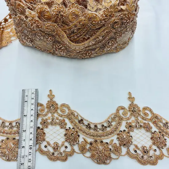 1 Yard Elegant Beaded & Corded Embroidered Lace Trim on 100% Polyester Mesh Rose Gold {1}