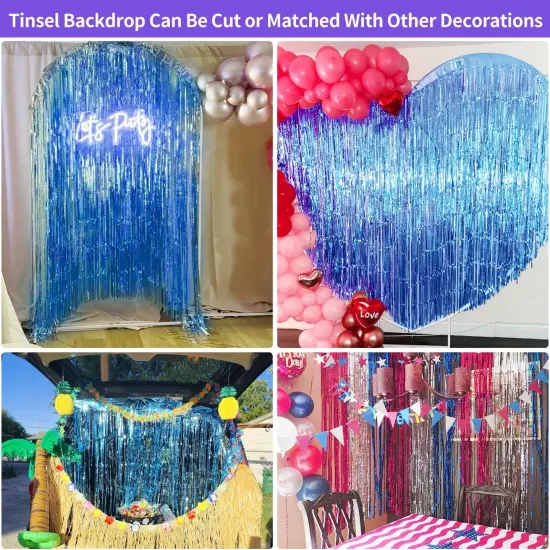 Blue Streamers Party Decorations 3.3x8.2ft, 2 Pack Dark Blue Tinsel Backdrop for Ocean Themed Party Decor, Glitter Blue Foil Fringe Curtains for Door Decorations Hanging Birthday Baby Shower Halloween {5}