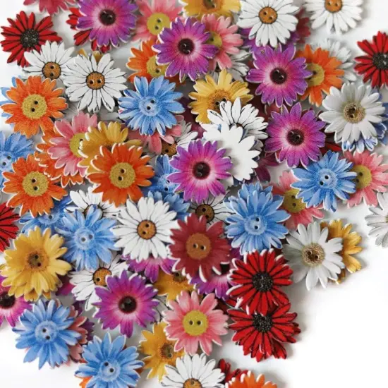 100 Pieces 1inch Flower Shaped Wood Buttons Daisy Sunflower 2 Holes {4}