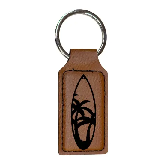Keychain - Rectangle - Palm Tree Surfboard - Leather Black/Silver {2}