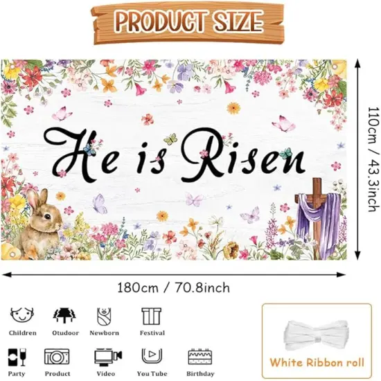 He Is Risen Backdrop Happy Easter Spring Banner Bunny Grass Jesus Cross Outdoor Indoor Front Door Wall Fence Background Decorations for Easter Festival 70.8 x 43.3 inch {2}