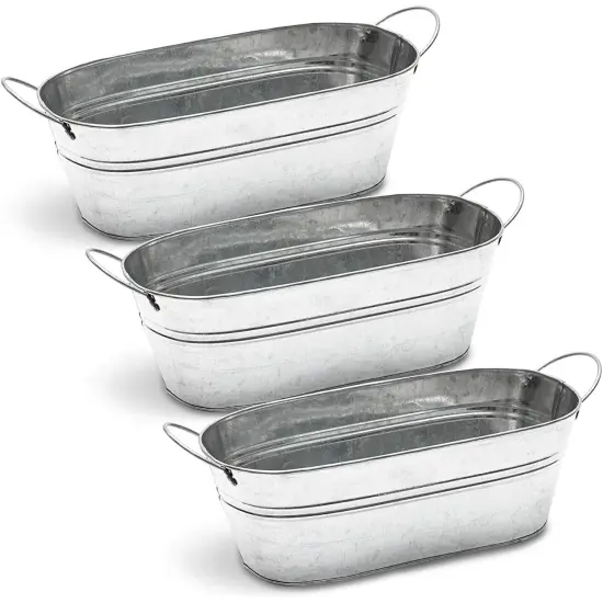 Galvanized Metal Oval Planter with Handles for Decor (11.8 x 5.5 x 4 in, 3 Pack) Silver {1}