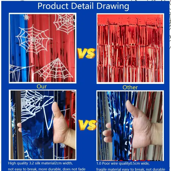Spider Web Birthday Decorations 2 Pack Spider Party Supplies 3.3x6.6ft Red Blue and Black Spidey Tinsel Foil Fringe Curtains Backdrop Red and Blue Streamers Spider Theme Party Decorations {3}