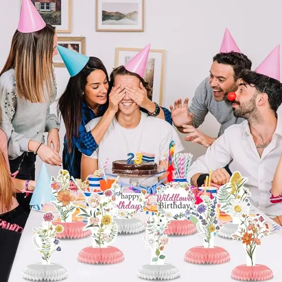 Flower Birthday Table Decorations - 9PCS Wildflower Birthday Party Decorations Spring Birthday Party Table Decor Supplies Floral Birthday Party Honeycomb Centerpiece Decorations for Girls Women {4}