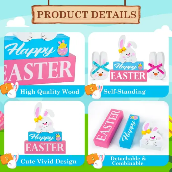 5 Pcs Easter Decorations for the Home Happy Easter Bunny Wooden Block Table Sign with 2 Wooden Easter Bunny Table Decor Set Rustic Spring Table Easter Decorations for Easter Holiday Tabletop Party {4}