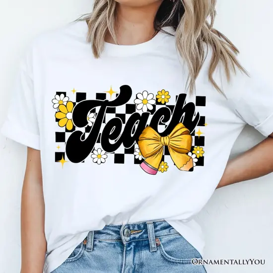 Teach Checkered Coquette Bow T-Shirt, White and Natural Retro Tee for Trendy Teachers {5}