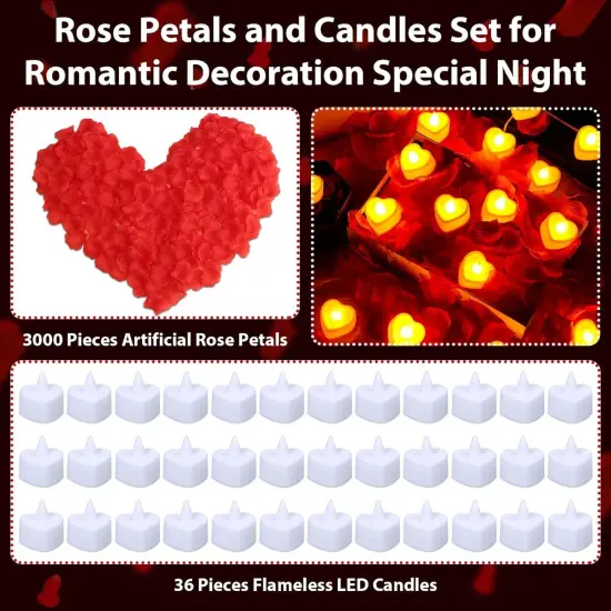 Rose Petals and Candles Set for Romantic Decoration, 3000 Pcs Red Rose Petals and 36 Pcs Heart Candle Lights for Special Night {3}