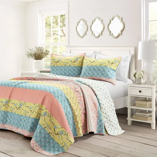 Blue Yellow Pink Cotton Quilt Set 3-Piece Lightweight Bedding {1}