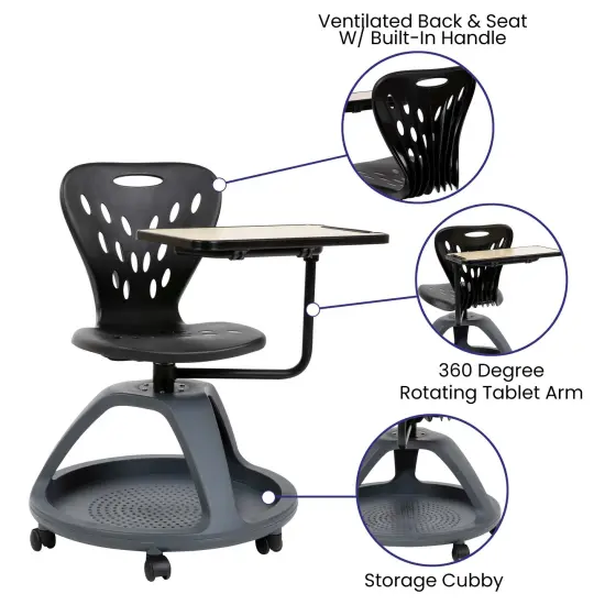 Emma and Oliver Mobile Desk Chair - 360&deg; Tablet Rotation and Storage Cubby Black {3}