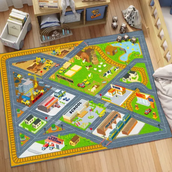 KC Cubs: Educational Rug: Country Farm Construction Road Map &ndash; 8x10' Playmat - Interactive Car Route, Area Carpet, Bedroom-Classroom, Baby-Toddler-Kid {4}