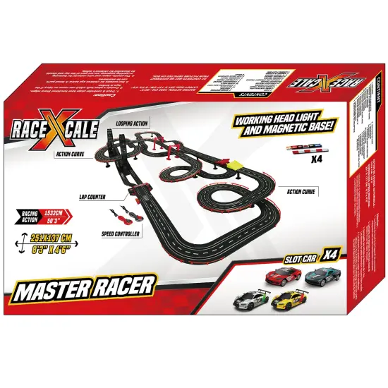 RaceXCale: Master Racer - 1:43 Scale G5 & G6 Slot Car Track, Electric Power Toy Set, 8'3" x 4'6", 4 Magnetic Cars w/ Head Lights, 2 Speed Controllers {4}