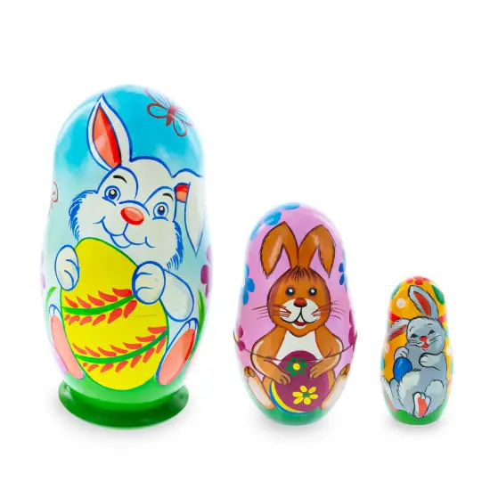 Set of 3 Bunnies and Easter Eggs Wooden Nesting Dolls 4.25 Inches {1}