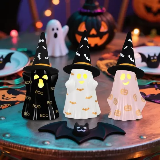 Set of 3 Ceramic Halloween Ghosts with Witch Hats {5}
