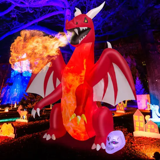 Costway 8 FT Halloween Inflatable Red Dragon with Wings & Skull Holiday Decoration Light {1}