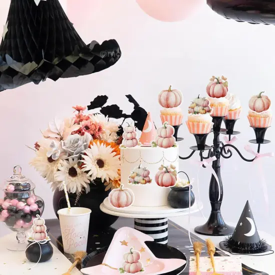 48 PCS Edible Pumpkin Cupcake Toppers Wafer Paper Pink Pumpkin Fall Theme {4}