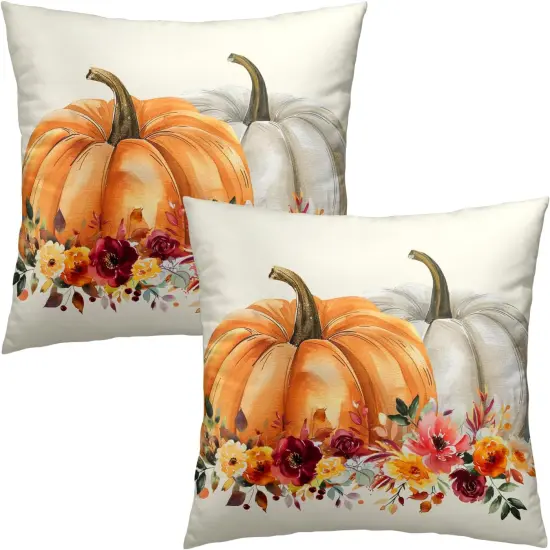2 Pack of Orange White Pumpkin Flower Leaf Throw Pillow Cover 18x18 Inch {2}