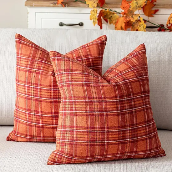 Set of 2 Burnt Orange Fall Tartan Plaid Throw Pillow Covers 20 x 20 {4}