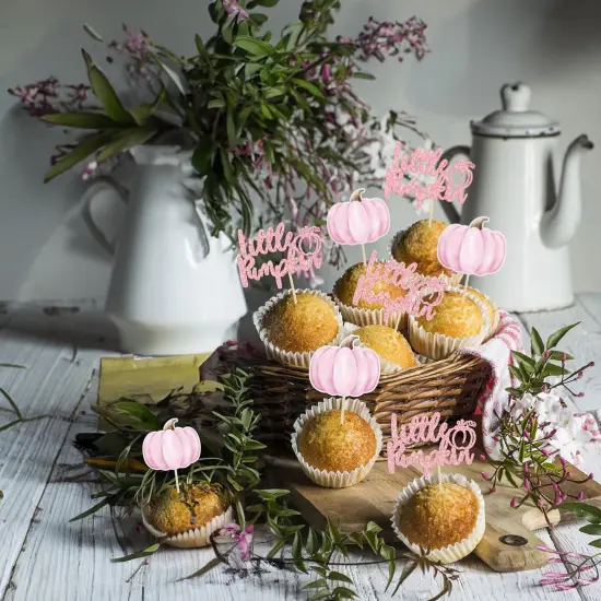 24Pcs Little Pumpkin Cupcake Toppers Glitter Baby Shower Pumpkin Cupcake Picks Gender Reveal Cake {4}
