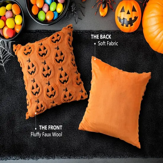 Set of 2 Halloween Pumpkin Decorative Pillow Covers 20x20 {5}