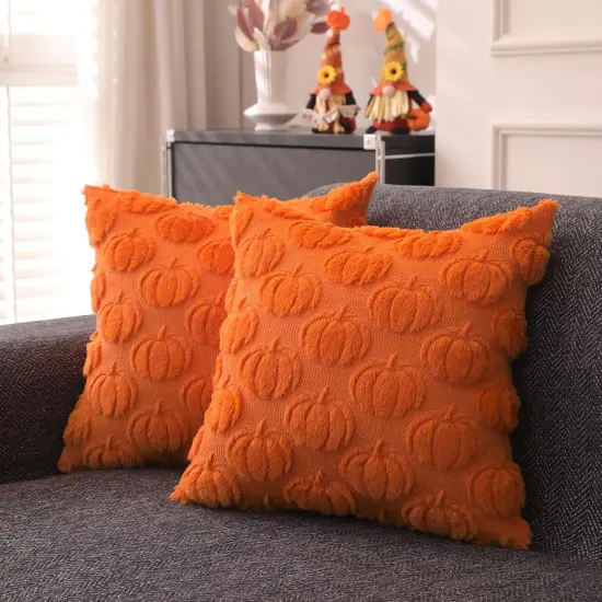 Set of 2 Fall Orange Pumpkin Pillow Covers 20x20 inch {2}