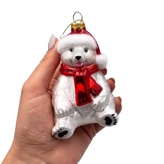 Classic White Polar Bear Glass Christmas Ornament {4}
