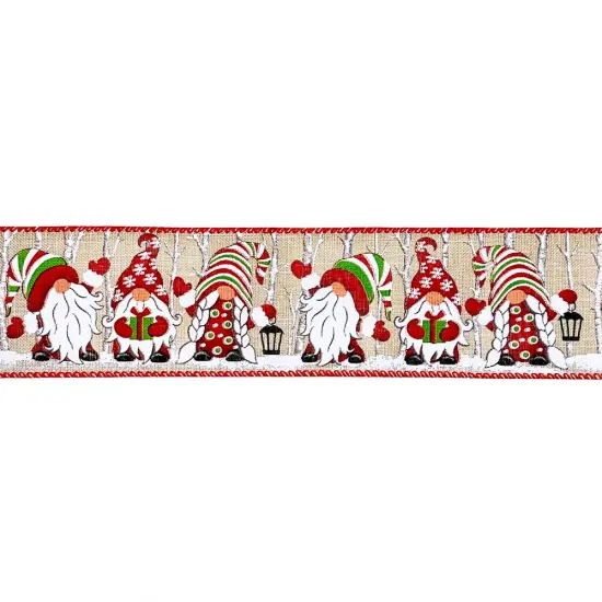 Designer&rsquo;s Shop WR 63-5203 Christmas Gnome Wired Edge Ribbon &ndash; 2.5" x 10 Yards &ndash; Red Green Striped Hats & Holiday Lanterns on Natural Burlap {3}
