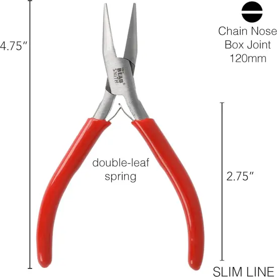 The Beadsmith Slim Line Chain Nose Pliers, with Polished Steel Head, red PVC Comfort Grip Handle with Double-Leaf Spring, Tool for Jewelry Making {6}