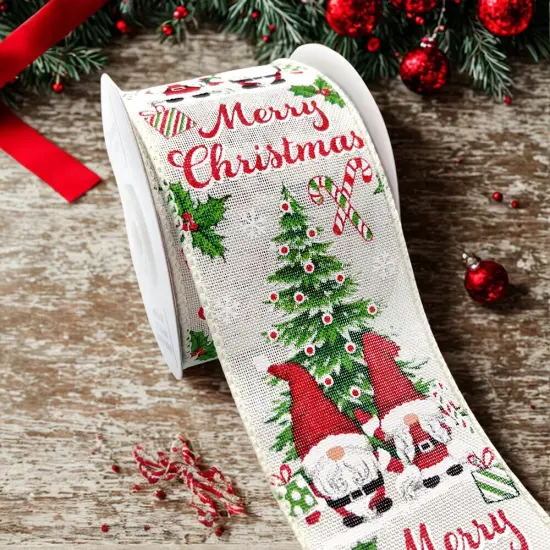 Designer&rsquo;s Shop WR 63-5205 Merry Christmas Gnome & Tree Wired Edge Ribbon &ndash; 2.5" x 10 Yards &ndash; Holiday Candy Cane, Gift, and Holly Design {5}