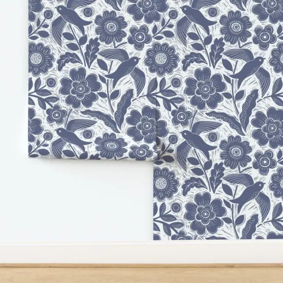 Peel & Stick Wallpaper 2FT Wide Blue Floral Block Print Birds Hand Drawn Woodcut Summer Stamp Custom Removable Wallpaper by Spoonflower {2}