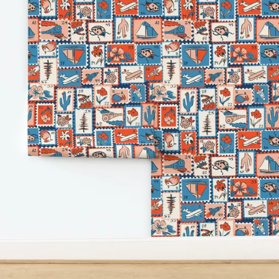 Peel & Stick Wallpaper 2FT Wide Vintage Retro Novelty Mail Stamps Letters Postage Eclectic Stamp Collection Red And Blue Writing Flowers Train Plane Birds Boats Unique Custom Removable Wallpaper by Spoonflower {2}
